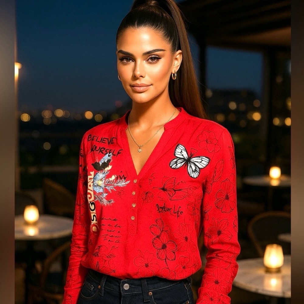 Desigual Red Floral Butterfly Blouse